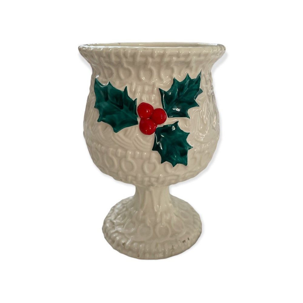 Vintage Relpo Japan Christmas Planter Candy Dish Vase Holly & Ivy Cream 7"